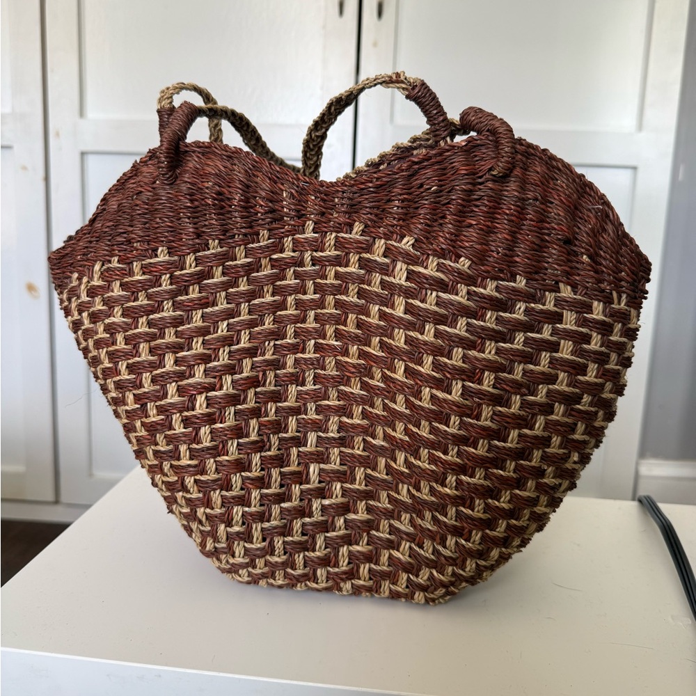 Vintage Woven Brown Tan Raffia Brown Straw Tote Bag - Picture 3 of 7